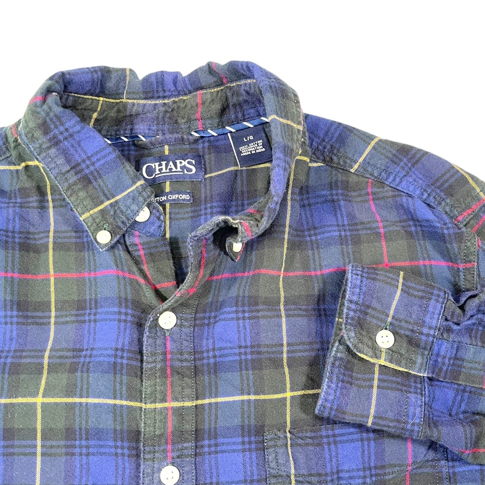 Chaps Large Blue Plaid Button Down Shirt Cotton Oxford Preppy Dark Academia